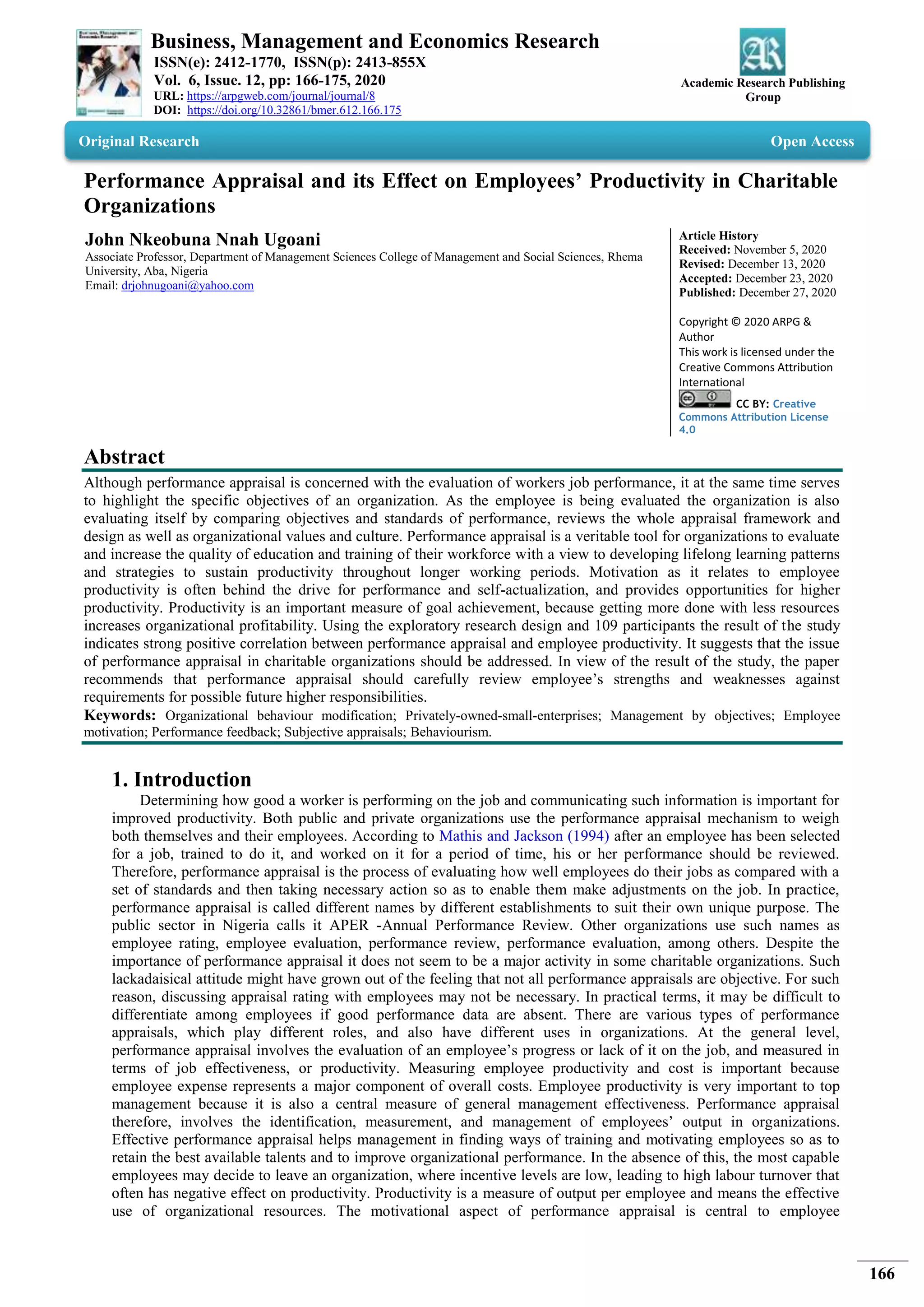 Performance Appraisal and its Effect on Employees’ Productivity in ...