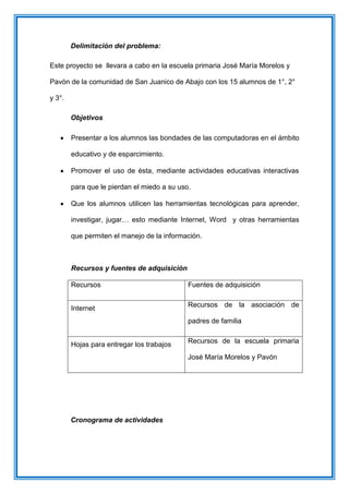 Delimitación del problema:
Este proyecto se llevara a cabo en la escuela primaria José María Morelos y
Pavón de la comunidad de San Juanico de Abajo con los 15 alumnos de 1°, 2°
y 3°.
Objetivos
Presentar a los alumnos las bondades de las computadoras en el ámbito
educativo y de esparcimiento.
Promover el uso de ésta, mediante actividades educativas interactivas
para que le pierdan el miedo a su uso.
Que los alumnos utilicen las herramientas tecnológicas para aprender,
investigar, jugar… esto mediante Internet, Word y otras herramientas
que permiten el manejo de la información.
Recursos y fuentes de adquisición
Recursos Fuentes de adquisición
Internet
Recursos de la asociación de
padres de familia
Hojas para entregar los trabajos
Recursos de la escuela primaria
José María Morelos y Pavón
Cronograma de actividades
 