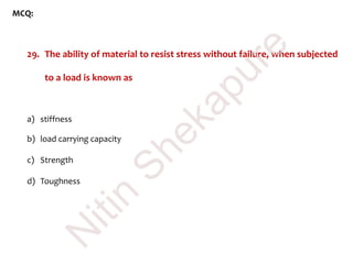 MCQ:
29. The ability of material to resist stress without failure, when subjected
to a load is known as
a) stiffness
b) load carrying capacity
c) Strength
d) Toughness
N
itin
Shekapure
 