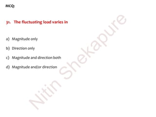 MCQ:
31. The fluctuating load varies in
a) Magnitude only
b) Direction only
c) Magnitude and direction both
d) Magnitude and/or direction
N
itin
Shekapure
 