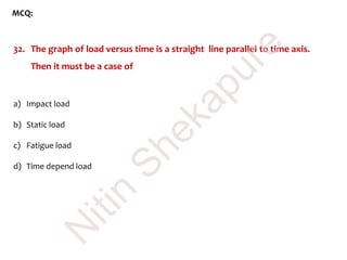 MCQ:
32. The graph of load versus time is a straight line parallel to time axis.
Then it must be a case of
a) Impact load
b) Static load
c) Fatigue load
d) Time depend load
N
itin
Shekapure
 