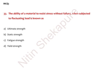 MCQ:
33. The ability of a material to resist stress without failure, when subjected
to fluctuating load is known as
a) Ultimate strength
b) Static strength
c) Fatigue strength
d) Yield strength
N
itin
Shekapure
 