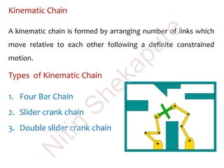 Kinematic Chain
A kinematic chain is formed by arranging number of links which
move relative to each other following a definite constrained
motion.
Types of Kinematic Chain
1. Four Bar Chain
2. Slider crank chain
3. Double slider crank chain
N
itin
Shekapure
 