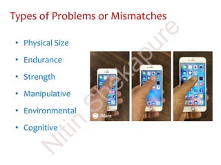 • Physical Size
• Endurance
• Strength
• Manipulative
• Environmental
• Cognitive
Types of Problems or Mismatches
N
itin
Shekapure
 