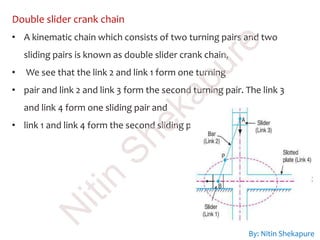 Double slider crank chain
• A kinematic chain which consists of two turning pairs and two
sliding pairs is known as double slider crank chain,
• We see that the link 2 and link 1 form one turning
• pair and link 2 and link 3 form the second turning pair. The link 3
and link 4 form one sliding pair and
• link 1 and link 4 form the second sliding pair.
By: Nitin Shekapure
N
itin
Shekapure
 