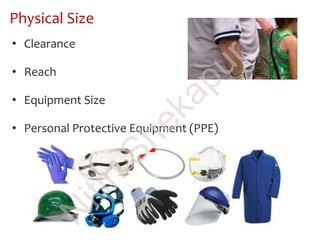 • Clearance
• Reach
• Equipment Size
• Personal Protective Equipment (PPE)
Physical Size
N
itin
Shekapure
 
