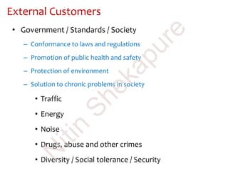 • Government / Standards / Society
– Conformance to laws and regulations
– Promotion of public health and safety
– Protection of environment
– Solution to chronic problems in society
• Traffic
• Energy
• Noise
• Drugs, abuse and other crimes
• Diversity / Social tolerance / Security
External Customers
N
itin
Shekapure
 