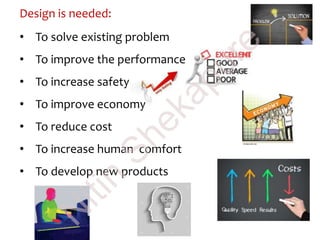 • To solve existing problem
• To improve the performance
• To increase safety
• To improve economy
• To reduce cost
• To increase human comfort
• To develop new products
Design is needed:
N
itin
Shekapure
 