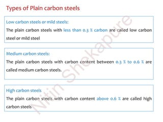 Types of Plain carbon steels
Low carbon steels or mild steels:
The plain carbon steels with less than 0.3 % carbon are called low carbon
steel or mild steel
Medium carbon steels:
The plain carbon steels with carbon content between 0.3 % to 0.6 % are
called medium carbon steels.
High carbon steels
The plain carbon steels with carbon content above 0.6 % are called high
carbon steels
N
itin
Shekapure
 