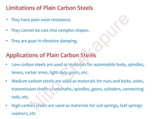 Limitations of Plain Carbon Steels
• They have poor wear resistance.
• They cannot be cast into complex shapes.
• They are poor in vibration damping.
Applications of Plain Carbon Steels
• Low carbon steels are used as materials for automobile body, spindles,
levers, rocker arms, light duty gears, etc.
• Medium carbon steels are used as materials for nuts and bolts, axles,
transmission shafts crankshafts, spindles, gears, cylinders, connecting
rods, etc.
• High carbon steels are used as materials for coil springs, leaf springs
washers, etc
N
itin
Shekapure
 