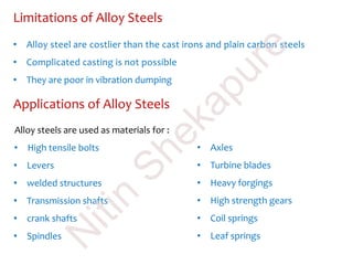 Limitations of Alloy Steels
Applications of Alloy Steels
• Alloy steel are costlier than the cast irons and plain carbon steels
• Complicated casting is not possible
• They are poor in vibration dumping
Alloy steels are used as materials for :
• High tensile bolts
• Levers
• welded structures
• Transmission shafts
• crank shafts
• Spindles
• Axles
• Turbine blades
• Heavy forgings
• High strength gears
• Coil springs
• Leaf springs
N
itin
Shekapure
 