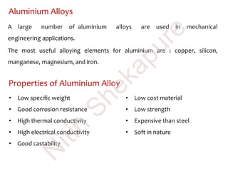 Aluminium Alloys
A large number of aluminium alloys are used in mechanical
engineering applications.
The most useful alloying elements for aluminium are : copper, silicon,
manganese, magnesium, and iron.
Properties of Aluminium Alloy
• Low specific weight
• Good corrosion resistance
• High thermal conductivity
• High electrical conductivity
• Good castability
• Low cost material
• Low strength
• Expensive than steel
• Soft in nature
N
itin
Shekapure
 