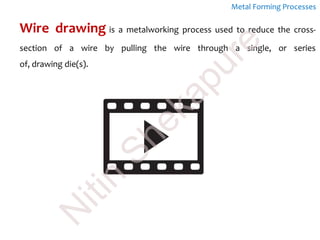 Metal Forming Processes
Wire drawing is a metalworking process used to reduce the cross-
section of a wire by pulling the wire through a single, or series
of, drawing die(s).
N
itin
Shekapure
 