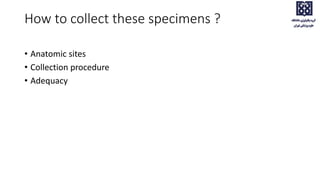 How to collect these specimens ?
• Anatomic sites
• Collection procedure
• Adequacy
 