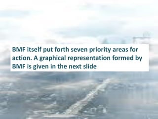 BMF itself put forth seven priority areas for
action. A graphical representation formed by
BMF is given in the next slide
 