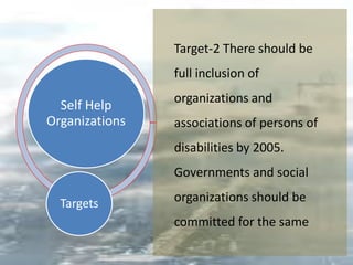 Self Help
Organizations
Targets
Target-2 There should be
full inclusion of
organizations and
associations of persons of
disabilities by 2005.
Governments and social
organizations should be
committed for the same
 