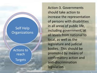 Self Help
Organizations
Actions to
reach
Targets
Action-3. Governments
should take action to
increase the representation
of persons with disabilities
in all areas of public life,
including government, at
all levels from national to
local, as well as the
legislature and judicial
bodies. This should be
promoted by means of
confirmatory action and
anti-discrimination
legislation.
.
 