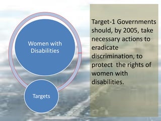 Women with
Disabilities
Targets
Target-1 Governments
should, by 2005, take
necessary actions to
eradicate
discrimination, to
protect the rights of
women with
disabilities.
 