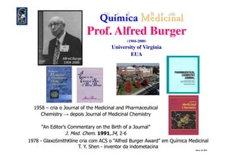 Prof. Alfred Burger
(1904-2000)
University of Virginia
EUA
19581958 –– cria ocria o JournalJournal ofof thethe MedicinalMedicinal andand PharmaceuticalPharmaceutical
ChemistryChemistry →→ depoisdepois JournalJournal ofof MedicinalMedicinal ChemistryChemistry
“An Editor’s Commentary on the Birth of a Journal”“An Editor’s Commentary on the Birth of a Journal”
J. Med.J. Med. ChemChem.. 19911991,,3434, 2, 2--66
19781978 -- GlaxoSmithKline cria com ACS o “Alfred Burger Award” em Química MedicinalGlaxoSmithKline cria com ACS o “Alfred Burger Award” em Química Medicinal
T. Y. ShenT. Y. Shen -- inventor da indometacinainventor da indometacina
eliezer ©©©© 2010
 