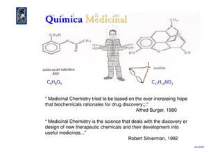 CC99HH88OO44 CC1717HH1919NONO33
eliezer ©©©© 2010
“ Medicinal Chemistry tried to be based on the ever“ Medicinal Chemistry tried to be based on the ever--increasing hopeincreasing hope
that biochemicals rationales for drug discovery;;;”that biochemicals rationales for drug discovery;;;”
Alfred Burger, 1980Alfred Burger, 1980
“ Medicinal Chemistry is the science that deals with the discovery or“ Medicinal Chemistry is the science that deals with the discovery or
design of new therapeutic chemicals and their development intodesign of new therapeutic chemicals and their development into
useful medicines...”useful medicines...”
Robert Silverman, 1992Robert Silverman, 1992
 