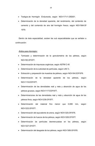 18
Testigos de Hormigón Endurecido, según NCh1171/1.Of2001.
Determinación de la densidad aparente, del rendimiento, del contenido de
cemento y del contenido de aire del hormigón fresco, según NCh1564.Of
1979.
Dentro de ésta especialidad, existen las sub especialidades que se señalan a
continuación:
Áridos para Hormigón:
Tamizado y determinación de la granulometría de los pétreos, según
NCh165.Of1977.
Determinación de impurezas orgánicas, según ASTM C 40
Determinación de la cubicidad de partículas, según LNV 3.
Extracción y preparación de muestras de pétreos, según NCh164.EOf1976.
Determinación de la densidad aparente de los pétreos, según
NCh1116.EOf1977.
Determinación de las densidades real y neta y absorción de agua de los
pétreos gruesos, según NCh1117.EOf1977.
Determinaciones de las densidades real y neta y absorción de agua de los
pétreos finos, según NCh1239.Of1977.
Determinación del material fino menor que 0,080 mm, según
NCh1223.Of1977.
Determinación del equivalente de arena, según NCh1325.Of1978.
Determinación de huecos de los pétreos, según NCh1326.Of1977.
Determinación de partículas desmenuzabas en los pétreos, según
NCh1327.Of1977.
Determinación del desgaste de los pétreos, según NCh1369.Of1978.
 
