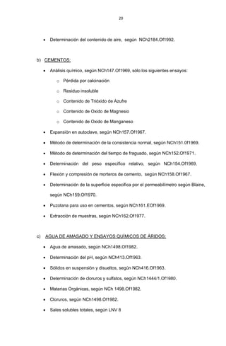 20
Determinación del contenido de aire, según NCh2184.Of1992.
b) CEMENTOS:
Análisis químico, según NCh147.Of1969, sólo los siguientes ensayos:
o Pérdida por calcinación
o Residuo insoluble
o Contenido de Trióxido de Azufre
o Contenido de Oxido de Magnesio
o Contenido de Oxido de Manganeso
Expansión en autoclave, según NCh157.Of1967.
Método de determinación de la consistencia normal, según NCh151.0f1969.
Método de determinación del tiempo de fraguado, según NCh152.Of1971.
Determinación del peso específico relativo, según NCh154.Of1969.
Flexión y compresión de morteros de cemento, según NCh158.Of1967.
Determinación de la superficie especifica por el permeabilímetro según Blaine,
según NCh159.Of1970.
Puzolana para uso en cementos, según NCh161.EOf1969.
Extracción de muestras, según NCh162.Of1977.
c) AGUA DE AMASADO Y ENSAYOS QUÍMICOS DE ÁRIDOS:
Agua de amasado, según NCh1498.Of1982.
Determinación del pH, según NCh413.Of1963.
Sólidos en suspensión y disueltos, según NCh416.Of1963.
Determinación de cloruros y sulfatos, según NCh1444/1.Of1980.
Materias Orgánicas, según NCh 1498.Of1982.
Cloruros, según NCh1498.Of1982.
Sales solubles totales, según LNV 8
 