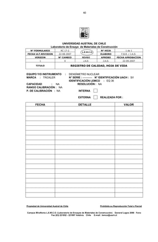 40
UNIVERSIDAD AUSTRAL DE CHILE
Laboratorio de Ensaye de Materiales de Construcción
N° FORMULARIO RC 17-2 N° HOJA 1 de 1
FECHA ULT.REVISION 22-08-2007 ELABORO F.B.R. / J.A.D.
VERSION N° CAMBIO REVISO APROBO FECHA APROBACION
1 0 J.A.D. J.A.D. 22-09-2007
TITULO REGISTRO DE CALIDAD, HOJA DE VIDA
EQUIPO Y/O INSTRUMENTO : DENSÍMETRO NUCLEAR
MARCA : TROXLER N° SERIE : ----------- N° IDENTIFICACIÓN UACH : S/I
IDENTIFICACIÓN LEMCO : EQ 36
CAPACIDAD : NA RESOLUCIÓN : NA
RANGO CALIBRACIÓN : NA
P. DE CALIBRACIÓN : NA INTERNA
EXTERNA REALIZADA POR :
FECHA DETALLE VALOR
Propiedad de Universidad Austral de Chile Prohibida su Reproducción Total o Parcial
Campus Miraflores L.E.M.C.O. (Laboratorio de Ensayes de Materiales de Construcción) General Lagos 2086 Fono
Fax (63) 221852 - 221897 Valdivia Chile E-mail : lemco@uach.cl
 