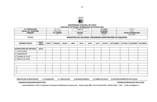 43
UNIVERSIDAD AUSTRAL DE CHILE
Laboratorio de Ensaye de Materiales de Construcción
N° FORMULARIO RC 17-3 N° HOJA 43 de 7
FECHA ULT. REVISION 30/10/2007 ELABORO F.B.R.
VERSION N° CAMBIO REVISO APROBO FECHA APROBACION
1 0 J.A.D. J.A.D. 26/11/2007
TITULO REGISTRO DE CALIDAD, PROGRAMA MANTENCIÓN DE EQUIPOS
NOMBRE EQUIPO
IDENT.
LEMCO
ENERO FEBRERO MARZO ABRIL MAYO JUNIO JULIO AGOSTO SEPTIEMBRE OCTUBRE NOVIEMBRE DICIEMBRE
EXTRACTORA DE TESTIGOS EQ 01
1 TESTIGUERA
2 GENERADOR
3 BOMBA DE VACÍO
4 BROCA DE COPA
ABREVIATURA DE MANTENCIÓN: (1) CALIBRACIÓN, (2) VERIFICACIÓN, (3) REVISION GENERAL, (4) CAMBIO DE ACEITE, (5) REVISIÓN ELEMENTOS ELÉCTRICOS,
Propiedad de Universidad Austral de Chile Prohibida su Reproducción Total o Parcial
Campus Miraflores L.E.M.C.O. (Laboratorio de Ensayes de Materiales de Construcción) General Lagos 2086 Fono Fax (63) 221852 - 221897 Valdivia Chile E-mail: lemco@uach.cl
L.E.M.C.O.
 