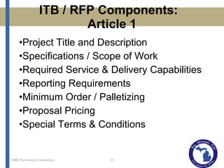 ITB / RFP Components:  Article 1 Project Title and Description Specifications / Scope of Work Required Service & Delivery Capabilities Reporting Requirements Minimum Order / Palletizing Proposal Pricing Special Terms & Conditions  