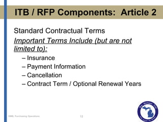 ITB / RFP Components:  Article 2 Standard Contractual Terms  Important Terms Include (but are not limited to): Insurance Payment Information Cancellation Contract Term / Optional Renewal Years 