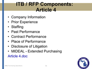 ITB / RFP Components:  Article 4 Company Information Prior Experience Staffing Past Performance Contract Performance Place of Performance Disclosure of Litigation MIDEAL - Extended Purchasing Article 4.doc   