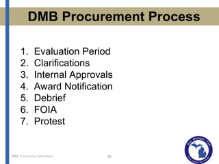 DMB Procurement Process Evaluation Period  Clarifications Internal Approvals Award Notification 5.   Debrief 6.   FOIA  7.   Protest 