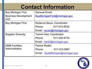 Contact Information Rebecca Nevai, Coordinator Phone:  517-373-8530 Email:   [email_address] Buy Michigan First Patrick Mullen Phone:   517-373-0967 Email: [email_address] DMB Facilities Administration Tammi Hart, Coordinator Phone:  517-335-4770 Email:  [email_address] Supplier Diversity General Email: [email_address] Buy Michigan First  Business Development Unit 