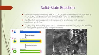 Solid-State Reaction
 Diffusion couples combining a HCP Zr90Al10 supersaturated solid solution with a
FCC Cu64Ni36 solid solution were annealed at 410°C for different times.
 Cu64Ni36 foils were prepared by the piston and anvil under high vacuum
conditions (p<10-3pa).
 Zr90A110 alloy was rapidly quenched in between these two Cu64Ni36 foils, resulting
in a trilayer of approximately 150 pm thickness.
 