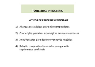  
PARCERIAS	
  PRINCIPAIS	
  
4	
  TIPOS	
  DE	
  PARCERIAS	
  PRINCIPAIS	
  
	
  
1)  Alianças	
  estratégicas	
  entre	
  não	
  compeWdores	
  
2)  CoopeWção:	
  parceiras	
  estratégicas	
  entre	
  concorrentes	
  
3)  Joint	
  Ventures	
  para	
  desenvolver	
  novos	
  negócios	
  
4)  Relação	
  comprador-­‐fornecedor	
  para	
  garanWr	
  
suprimentos	
  conﬁáveis	
  
	
  
	
  
 