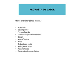  
PROPOSTA	
  DE	
  VALOR	
  
	
  
O	
  que	
  cria	
  valor	
  para	
  o	
  cliente?	
  
•  Novidade	
  
•  Desempenho	
  
•  Personalização	
  
•  Fazendo	
  o	
  que	
  deve	
  ser	
  feito	
  
•  Design	
  
•  Marca/Status	
  
•  Preço	
  
•  Redução	
  de	
  custo	
  
•  Redução	
  de	
  risco	
  
•  Acessibilidade	
  
•  Conveniências/usabilidade	
  
 