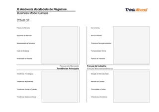 O Ambiente do Modelo de Negócios
Business Model Canvas
PROJETO:
Fatores de Mercado Concorrentes
Segmento de Mercado Novos Entrantes
Necessidades de Demanda Produtos e Serviços substitutos
Custo de Mudança Fornecedores e Outros
Atratividade de Receita Públicos de Interesse
Forças do Mercado Forças da Indústria
Tendências Principais Forças Macroeconômicas
Tendências Tecnológicas Situação do Mercado Atual
Tendências Regulatórias Mercado de Capitais
Tendências Sociais e Culturais Commodities e Outros
Tendências Socioeconômicas Infraestrutura Econômica
 