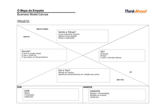 O Mapa da Empatia
Business Model Canvas
PROJETO:
SENTE E PENSA
ESCUTA
VÊ
DIZ E FAZ
DOR GANHOS
Vê?
Ambiente
Amigos
O que o mercado oferece
Escuta?
O que os amigos dizem
O que o chefe diz
O que dizem os influenciadores
Diz e Faz?
Atitude em público
Aparência comportamento em relação aos outros
Sente e Pensa?
O que realmente importa
Maiores preocupações
Medos e aspirações
GANHOS
Desejos / necessidades
Medidas de sucesso
obstáculos
DOR
Medos
Frustrações
obstáculos
 