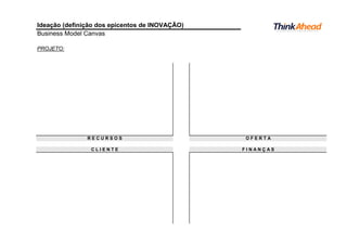 Ideação (definição dos epicentos de INOVAÇÃO)
Business Model Canvas
PROJETO:
R E C U R S O S O F E R T A
F I N A N Ç A SC L I E N T E
 