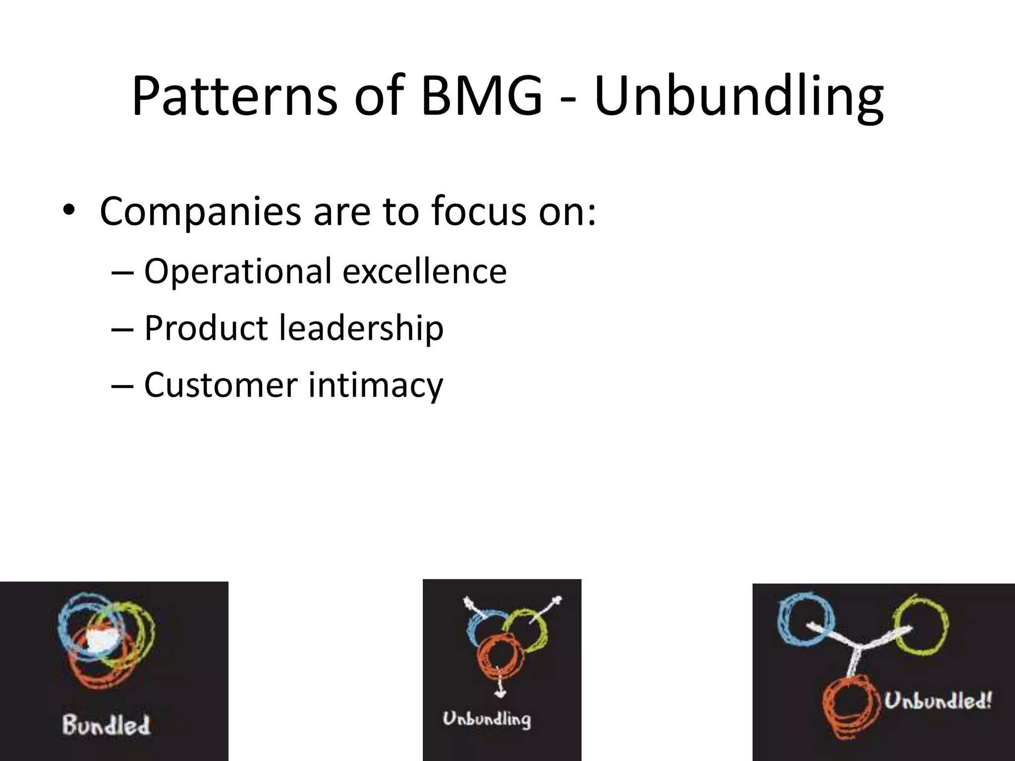 Patterns of BMG - Unbundling
• Companies are to focus on:
– Operational excellence
– Product leadership
– Customer intimacy

 