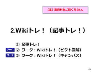 【注】別資料をご覧ください。

2.Wikiトレ！（記事トレ！）
ワーク

ワーク

① 記事トレ！
② ワーク：Wikiトレ！（ピクト図解）
③ ワーク：Wikiトレ！（キャンバス）

45

 