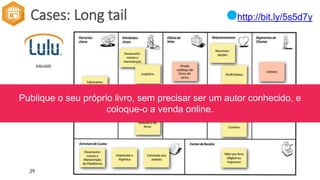 Relacionado ao grande volume de comercialização
de produtos específicos por
nichos com valor agregado baixo.
Cases: Long tail http://bit.ly/5s5d7y
Publique o seu próprio livro, sem precisar ser um autor conhecido, e
coloque-o a venda online.
 
