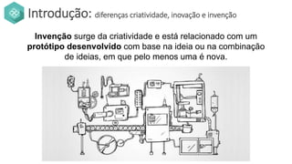 Introdução: diferenças criatividade, inovação e invenção
Invenção surge da criatividade e está relacionado com um
protótipo desenvolvido com base na ideia ou na combinação
de ideias, em que pelo menos uma é nova.
 