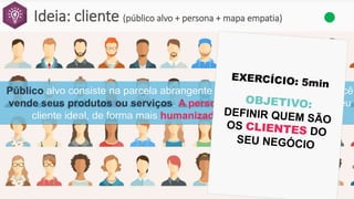 Ideia: cliente (público alvo + persona + mapa empatia)
Público alvo consiste na parcela abrangente da sociedade para quem você
vende seus produtos ou serviços. A persona, é a representação do seu
cliente ideal, de forma mais humanizada e mais personalizada.
 