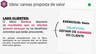 Ideia: canvas proposta de valor
LADO CLIENTES:
O bloco Ganhos descreve
os resultados que os clientes
querem alcançar ou os benefícios
concretos que estão procurando.
Ex: passear tranquilamente com os filhos,
desfrutando de um momento feliz; ter os filhos
por perto, enquanto fazem um passeio agradável;
entre outros ganhos.
 