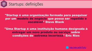 "Startup é uma organização formada para pesquisar
por um modelo de negócio que possa ser repetido e
escalável" Steve Blank
"Uma Startup é uma instituição humana designada à
entregar um novo produto ou serviço sobre
condições de extrema incerteza" Eric Ries
http://abr.ai/9VTyXJ
Startups: definições
 