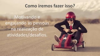 3
2
1 Gerenciador de atividades revolucionário
Controlador de experiências
Fantástico dispositivo de recompensa
Como iremos fazer isso?
Motivando e
engajando as pessoas
na realização de
atividades/desafios.
 