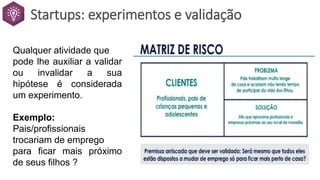 Startups: experimentos e validação
Qualquer atividade que
pode lhe auxiliar a validar
ou invalidar a sua
hipótese é considerada
um experimento.
Exemplo:
Pais/profissionais
trocariam de emprego
para ficar mais próximo
de seus filhos ?
 