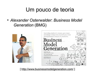 Um pouco de teoria 
● Alexander Osterwalder: Business Model 
Generation (BMG) 
[ http://www.businessmodelgeneration.com/ ] 
 