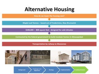 Alternative Housing
                          How do we lower the housing cost?


         Maple Leaf Homes – based out of Fredericton, New Brunswick


                $100,000 – 808 square feet - designed for cold climates


Contracted by the federal government to build modular homes in Attawapiskat


                       Transportation by railway to Moosonee




                        Challenges and
   Background             Objectives       Strategy      Implementation   Looking Forward
 